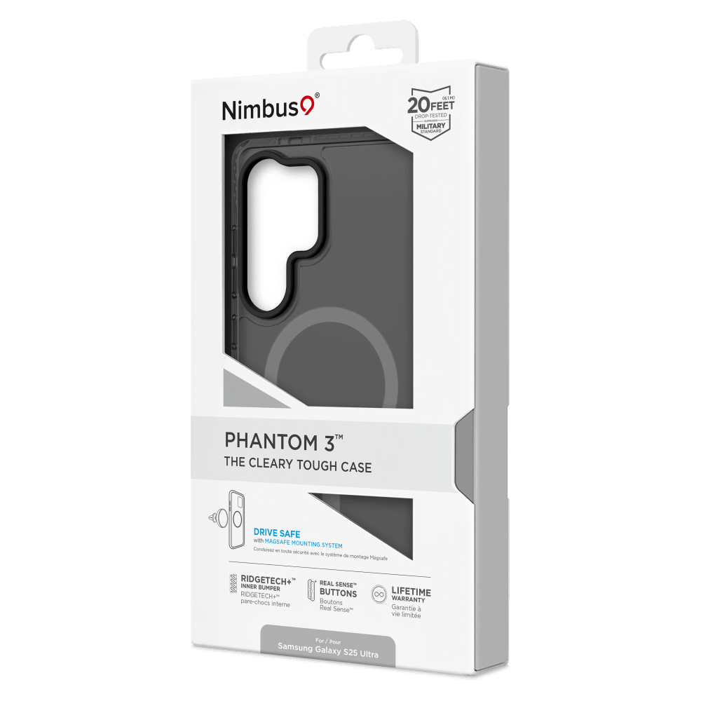 Nimbus

130 x 20 FEET DROP-TESTED MILITARY STANDARD

PHANTOM 3™ THE CLEARY TOUGH CASE

DRIVE SAFE with MAGSAFE MOUNTING SYSTEM

RIDGETECH+ INNER REAL SENSE™ SUMPER LIFETIME RIDGETECH+ BUTTONS

WARRANTY

For/ Four Samsung Galaxy S25 Ultra
