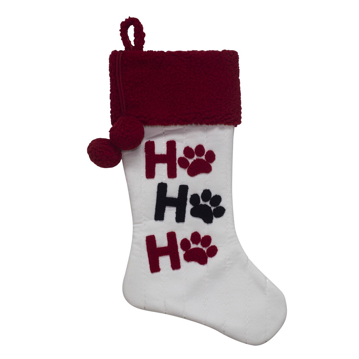 Front. Dyno - Dyno Red/White Ho Ho Ho Paw Prints Christmas Stocking 20 in. (Case of 12) - Red|White.