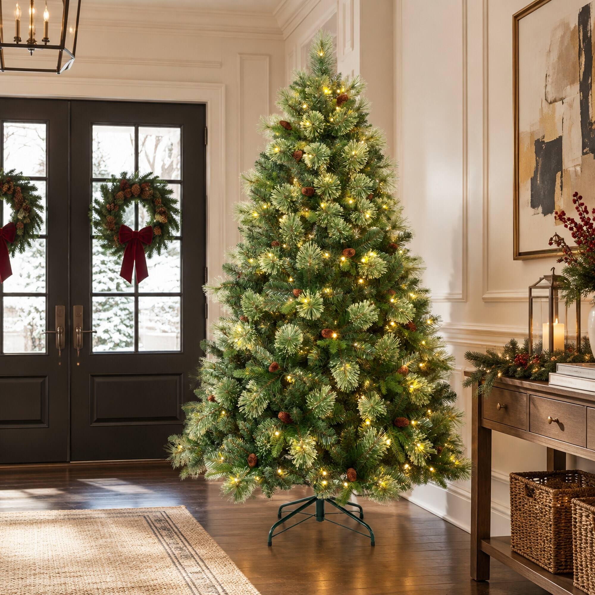 Alt View 2. RYHNUYNE - 5FT Pre-Lit Artificial Christmas Tree With 290 Warm White LED Lights and 647 Tips, 43 Pine Cones and Iron Base - Green.