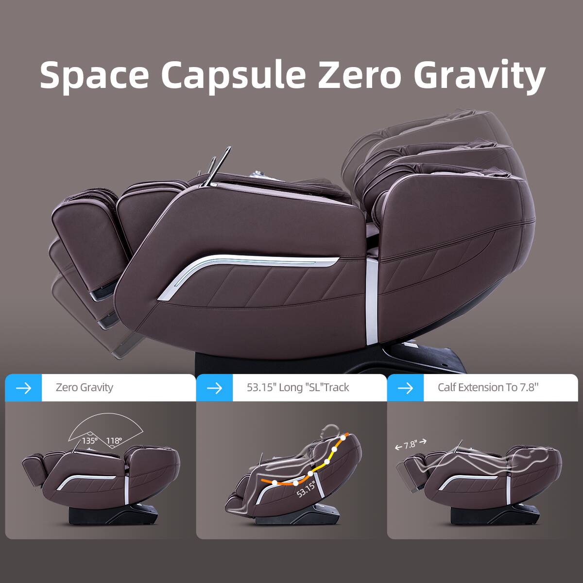 Space Capsule Zero Gravity, Zero Gravity, 53.15" Long "SL" Track, Calf Extension To 7.8", 135, 118, <-7,8", 53,15"