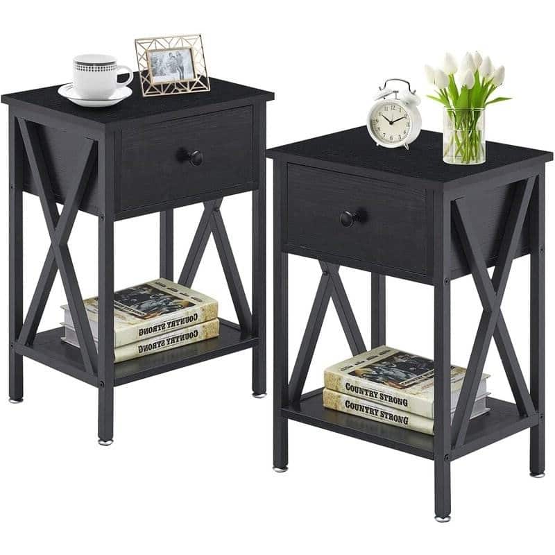 SlickBlue - Set of 2 Wooden Nightstands with 1 Drawer, Modern Bedside Tables - Black