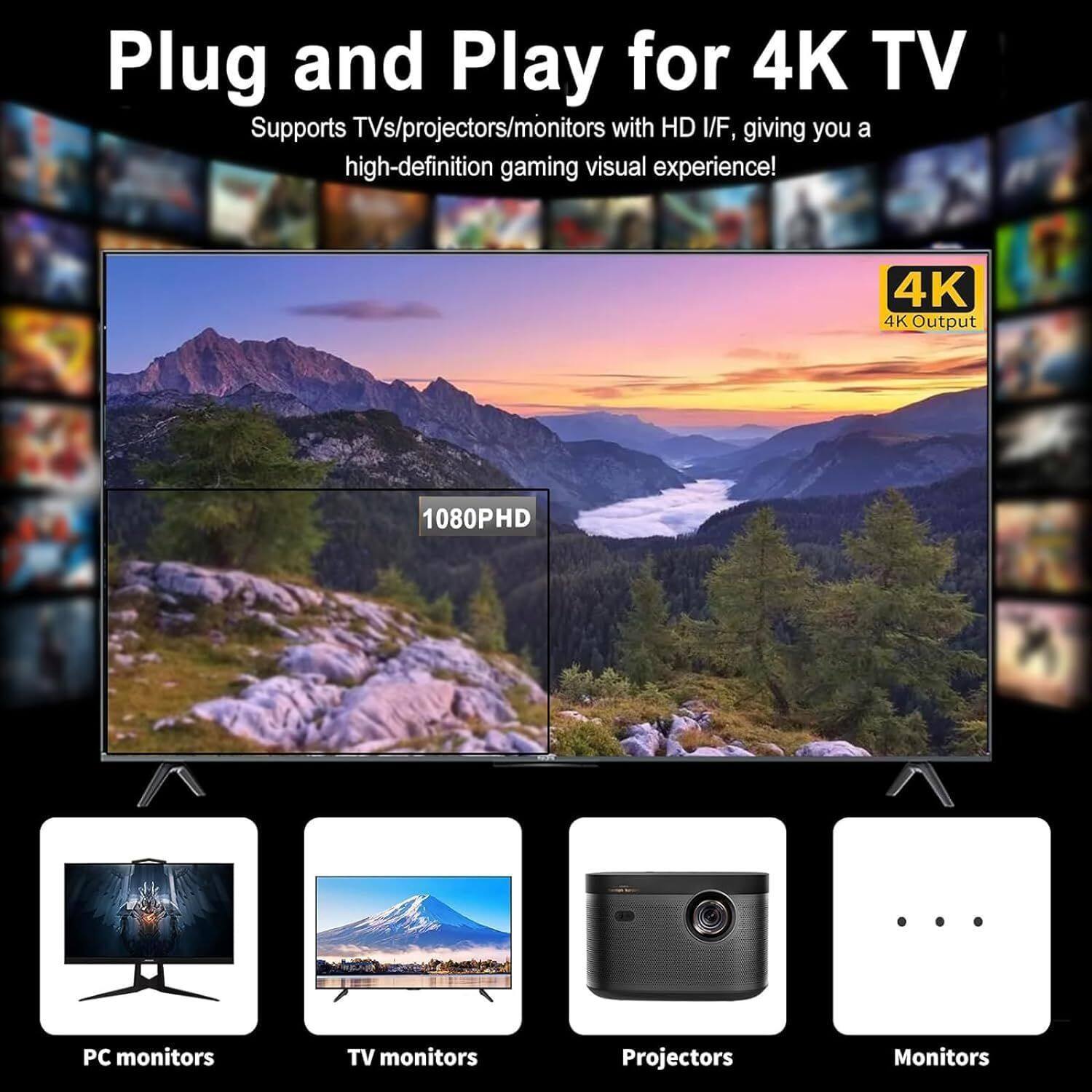 Plug and Play for 4K TV  
Supports TVs/projectors/monitors with HD I/F, giving you a high-definition gaming visual experience!  

4K Output  
1080PHD  

PC monitors  
TV monitors  
Projectors  
Monitors