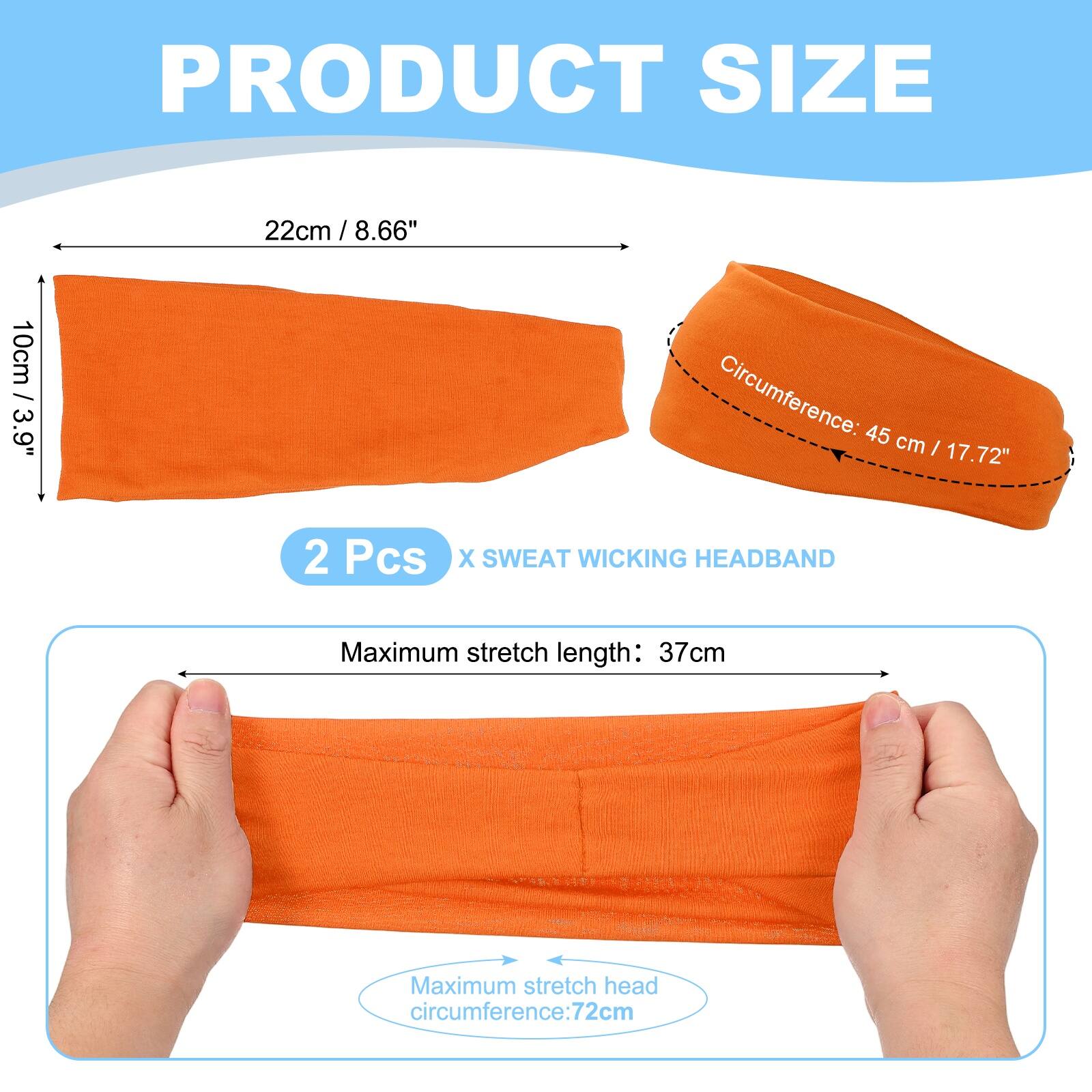 PRODUCT SIZE

22cm / 8.66"  
10cm / 3.9"  
Circumference: 45 cm / 17.72"  

2 Pcs X SWEAT WICKING HEADBAND  

Maximum stretch length: 37cm  
Maximum stretch head circumference: 72cm