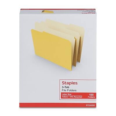 Staples  
3-Tab File Folders  
Letter Size  
Yellow  
10% Recycled  
100 Folders  
ST224535