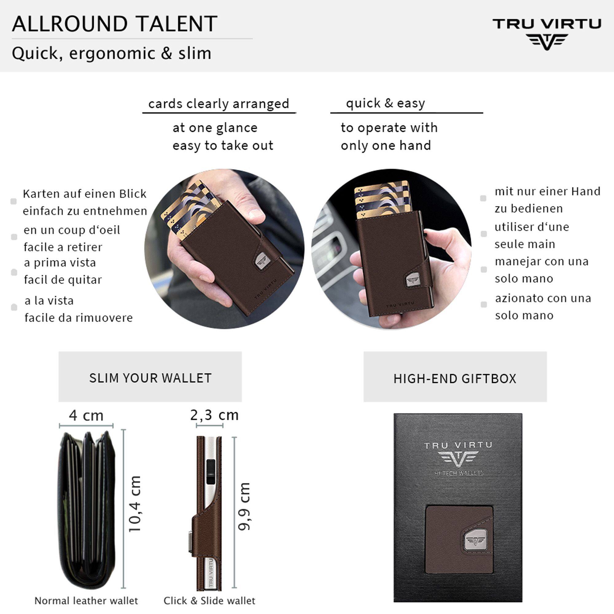 ALLROUND TALENT  
Quick, ergonomic & slim

cards clearly arranged  
at one glance  
easy to take out

Karten auf einen Blick  
einfach zu entnehmen  
en un coup d'oeil  
facile à retirer  
a prima vista  
facil de quitar  
a la vista

quick & easy  
to operate with  
only one hand

mit nur einer Hand zu bedienen  
utiliser d'une seule main  
manejar con una sola mano  
azione con una sola mano

SLIM YOUR WALLET

4 cm  
2,3 cm

10,4 cm  
9,9 cm

Normal leather wallet  
Click & Slide wallet

HIGH-END GIFTBOX

TRU VIRTU  
EVE