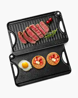 VEVOR - Reversible Grill/Griddle, 14x8.5 inch Pre-Seasoned Cast Iron Griddle, Portable Rectangular Pan with Handle - Black