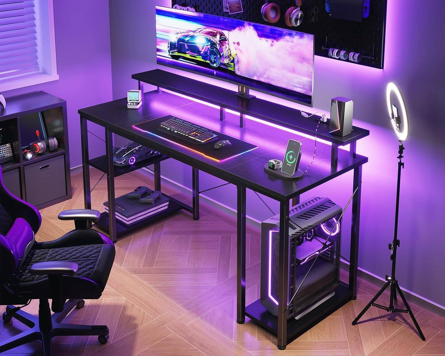 Alt View 8. Sweet - 48" Computer Gaming Desk with Power Outlets LED Lights and Reversible Monitor Stand, Storage Shelves & Hooks - Black.