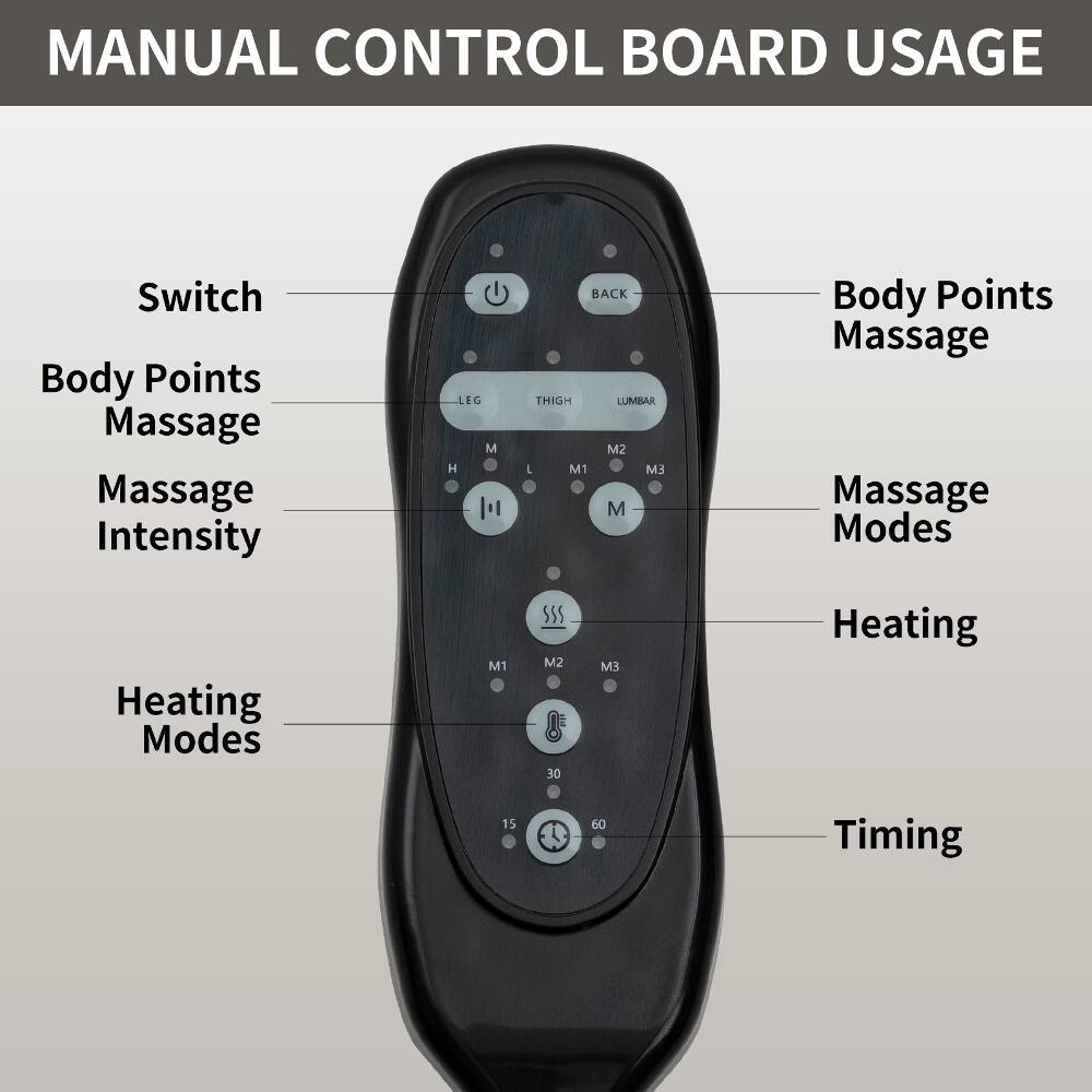 MANUAL CONTROL BOARD USAGE

Switch

Body Points Massage

Massage Intensity

Heating Modes

Body Points Massage

Massage Modes

Heating

Timing