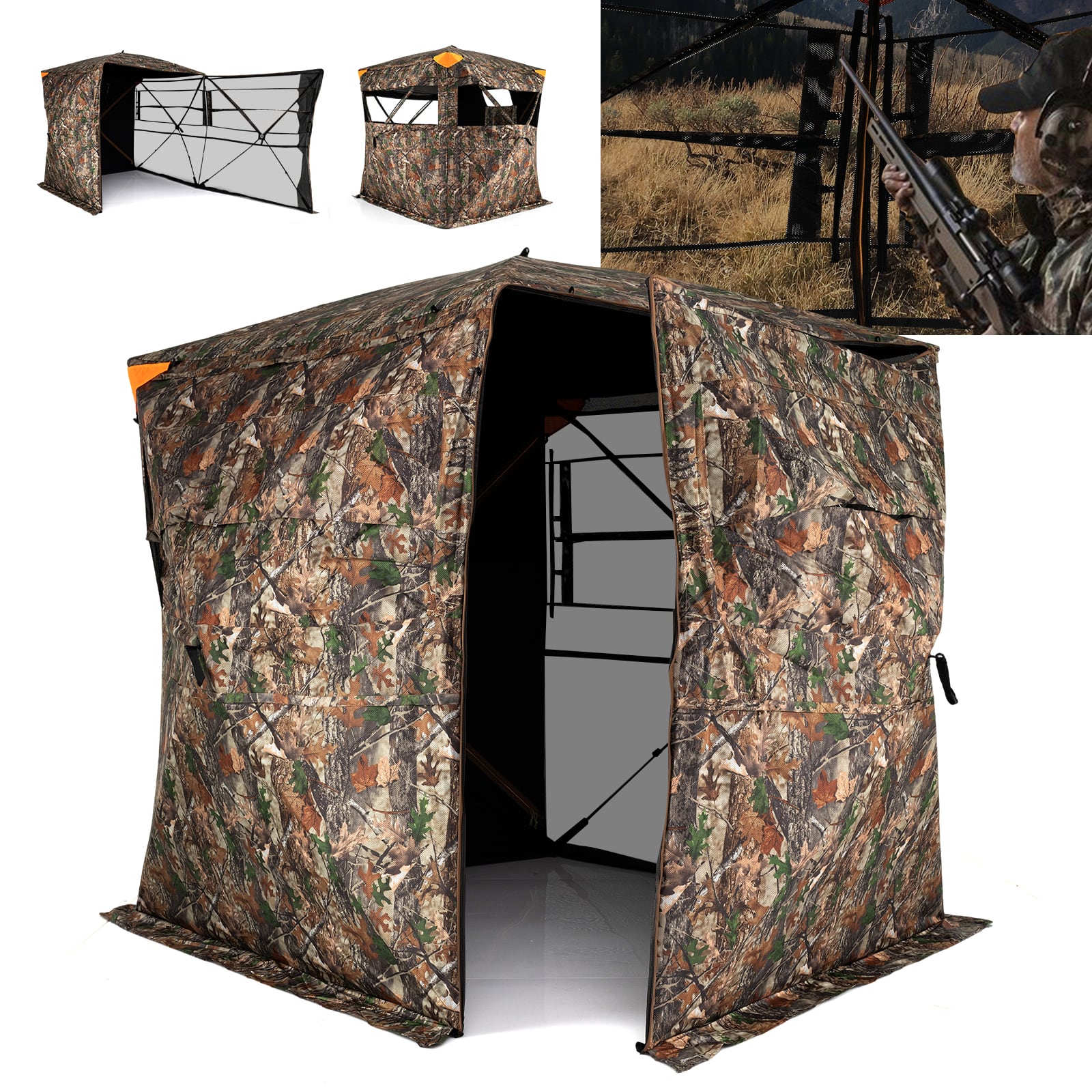 Gymax - Hunting Blind 270 Degree Silent See-Through w/90 Degree Full-Open Swing Door Sliding Windows - Multicolor