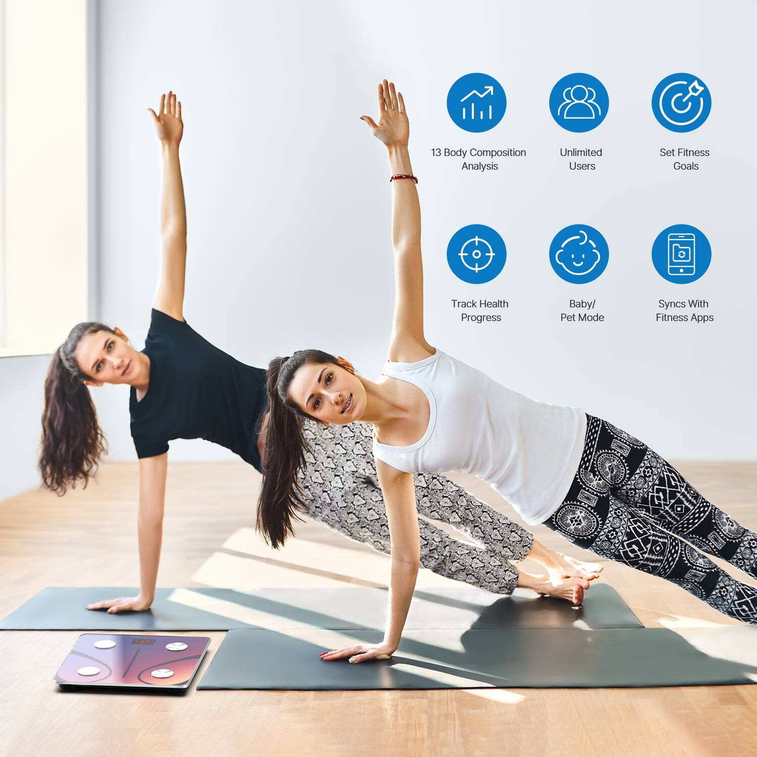 13 Body Composition Analysis  
Unlimited Users  
Set Fitness Goals  
Track Health Progress  
Baby/ Pet Mode  
Syncs With Fitness Apps