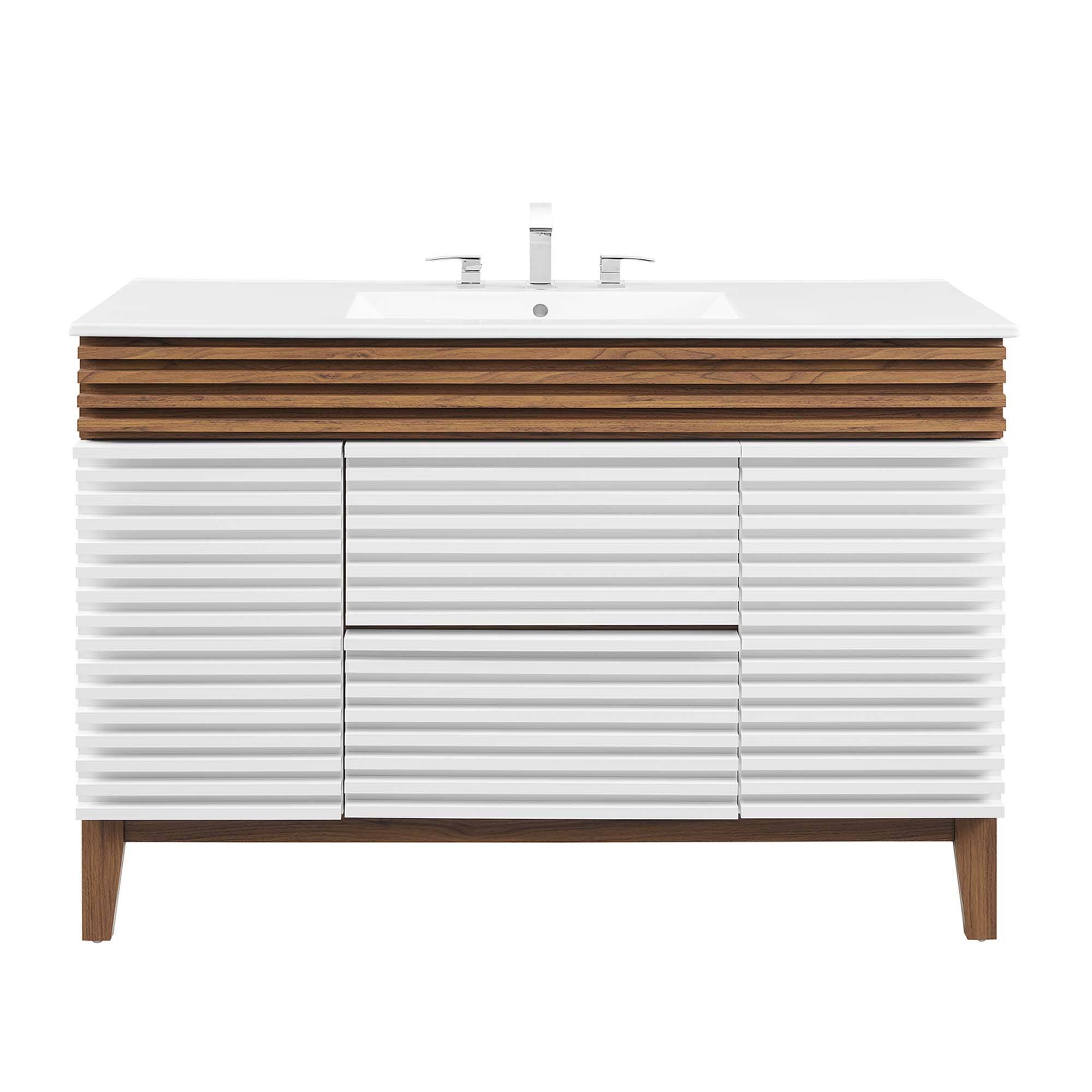 Alt View 3. Modway - Render 48" Bathroom Vanity with White Basin Included - White Walnut White.
