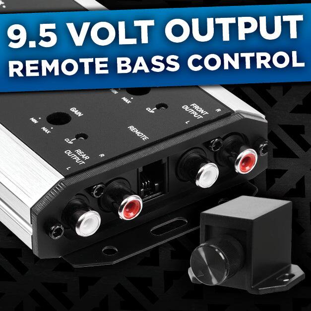 9.5 VOLT OUTPUT  
REMOTE BASS CONTROL  
AIN MAX GAIN  
CLIP FRONT R  
MIN 7 MAX  
REMOTE  
OUTPUT REAR R 7