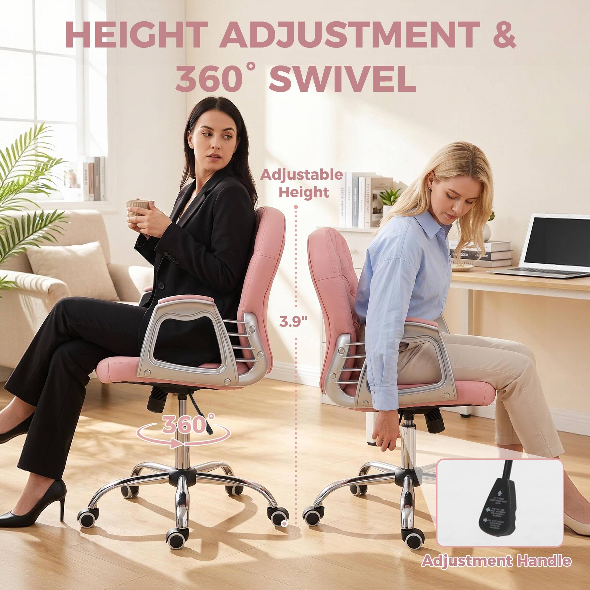 HEIGHT ADJUSTMENT & 360° SWIVEL

Adjustable Height

3.9"

360°

Adjustment Handle