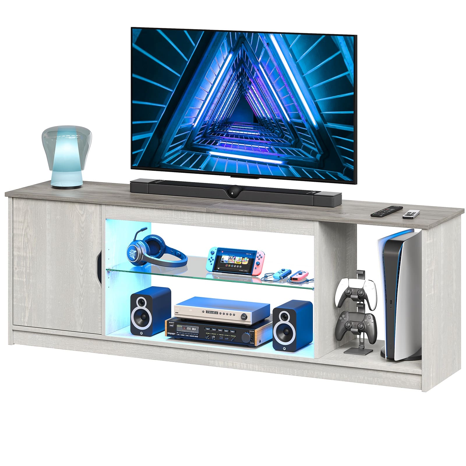 Bestier - 57-inch Gaming TV Stand with RGB Lights, Adjustable Glass Shelves & PS Console Storage - Washed White