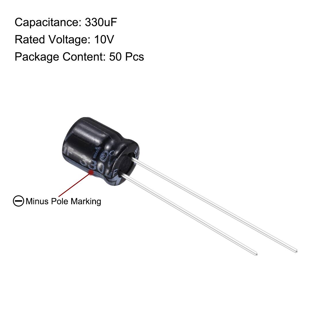 Capacitance: 330uF  
Rated Voltage: 10V  
Package Content: 50 Pcs  

Minus Pole Marking