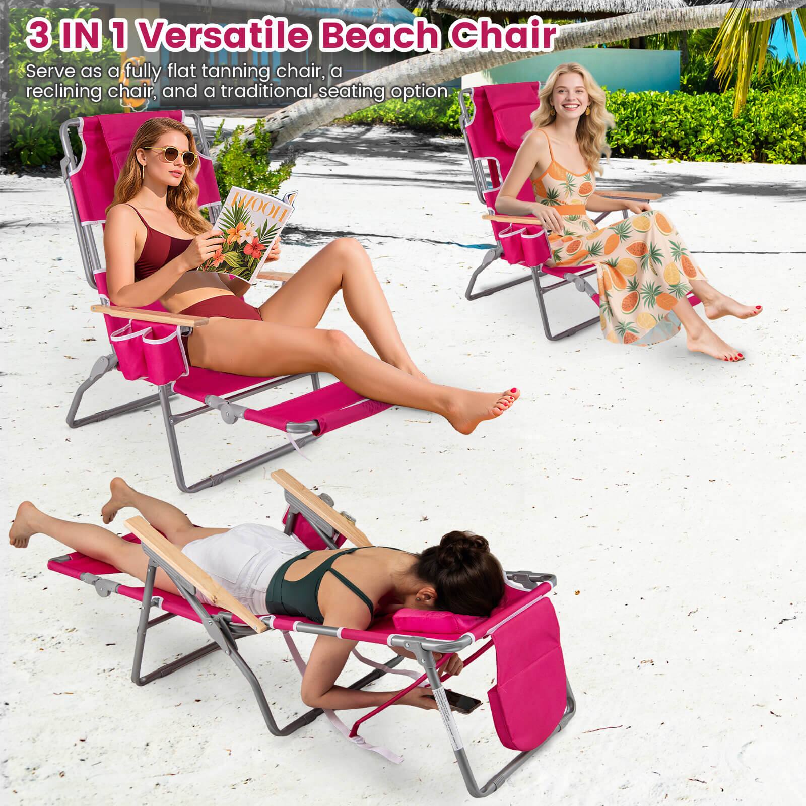 3 IN 1 Versatile Beach Chair  
Serve as a fully flat tanning chair, a reclining chair, and a traditional seating option.