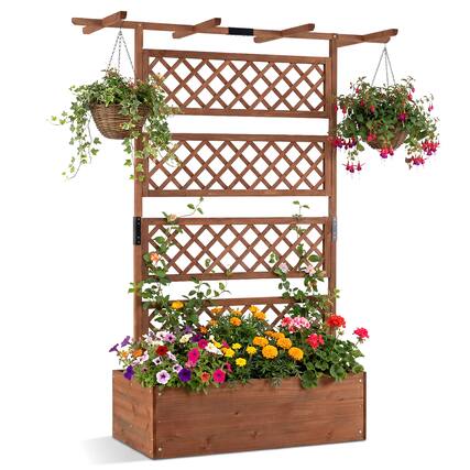 Front. Gymax - Gymax 72'' Wooden Planter Box w/Lattice Trellis Flat Roof Drainage for Climbing Plant Brown - Brown.