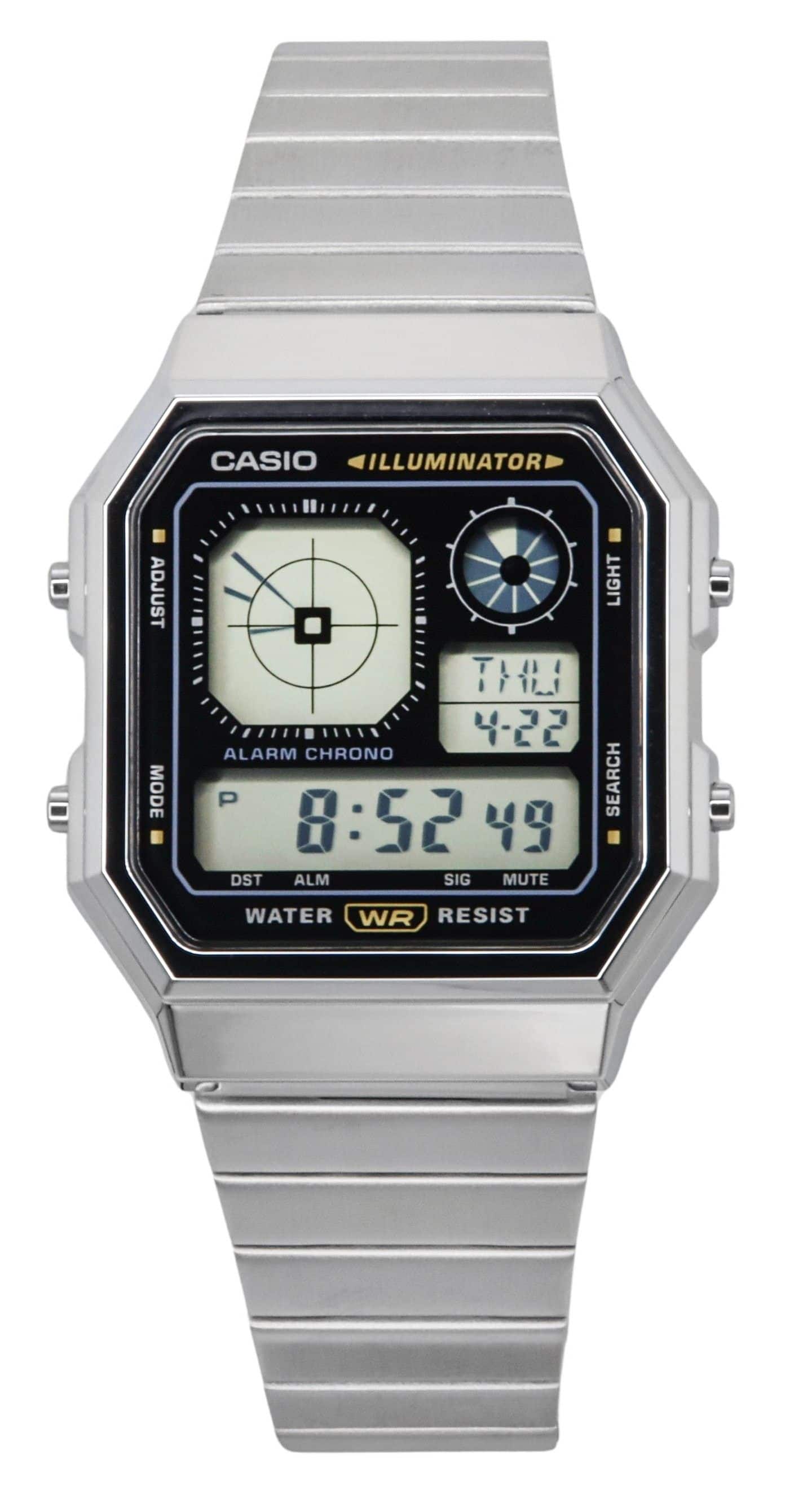 CASIO ILLUMINATOR  
ADJUST MODE THU 4-22 ALARM CHRONO  
P 8:52 49 DST ALM SIG MUTE LIGHT SEARCH WATER WR RESIST