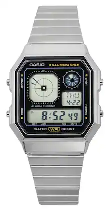 CASIO ILLUMINATOR
ADJUST MODE THU 4-22 ALARM CHRONO
P 8:52 49 DST ALM SIG MUTE LIGHT SEARCH WATER WR RESIST