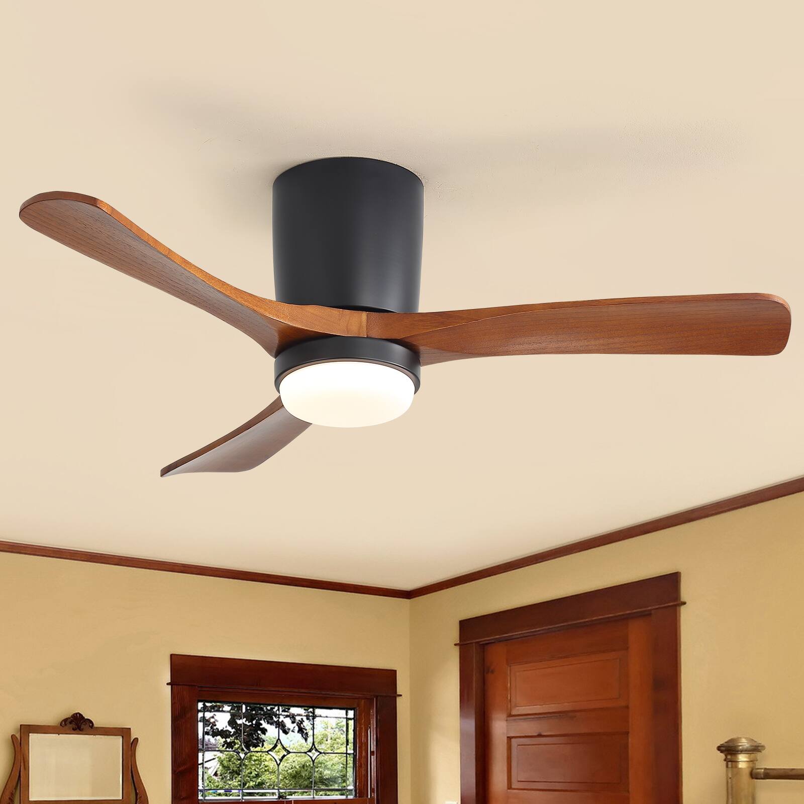 Alt View 5. Sofucor - 42'' Wood Low Profile Flush Mount Ceiling Fans w/ Dimmable LED Light and Remote Quiet Reversible for Bedroom Living Room - Black.