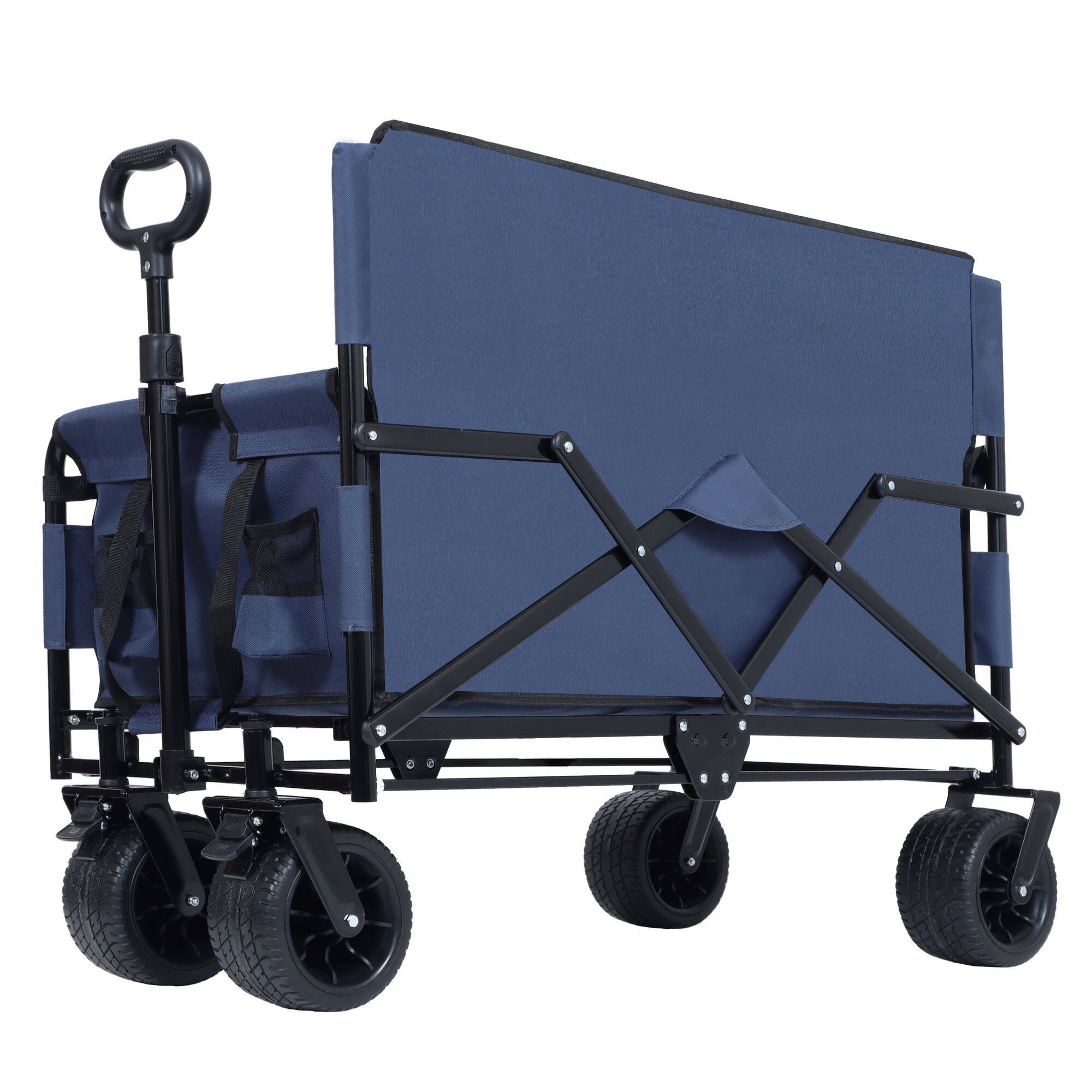Back. Loheer - Loheer Folding Wagon Cart with Bench Seat, 500lbs Heavy-Duty Utility Wagon 180L, All-Terrain Beach Cart, Dark Blue.