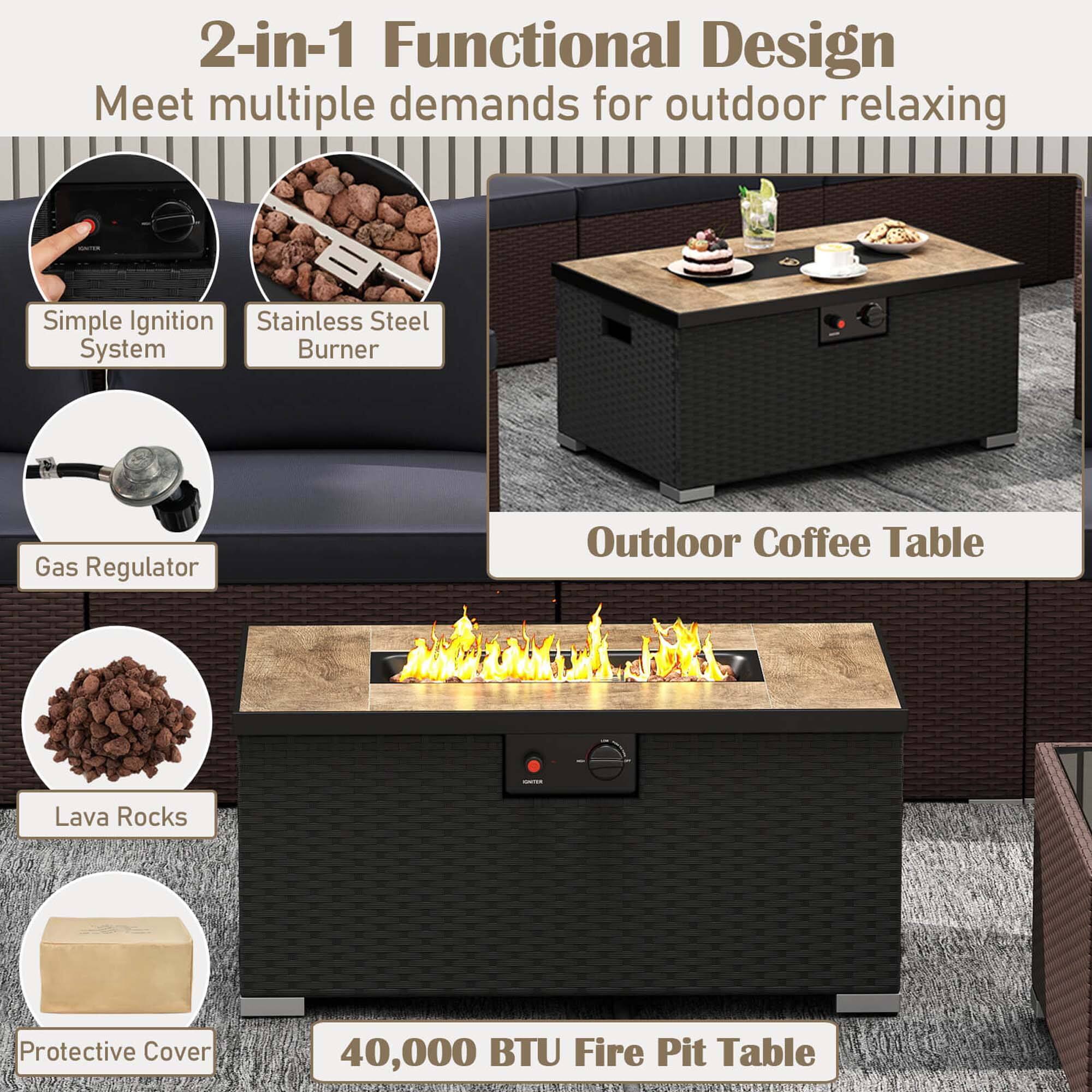 The text on the image is grouped and corrected as follows:

2-in-1 Functional Design Meet multiple demands for outdoor relaxing Simple Ignition Stainless Steel System Burner Gas Regulator Outdoor Coffee Table | Lava Rocks Protective Cover 40,000 BTU Fire Pit Table