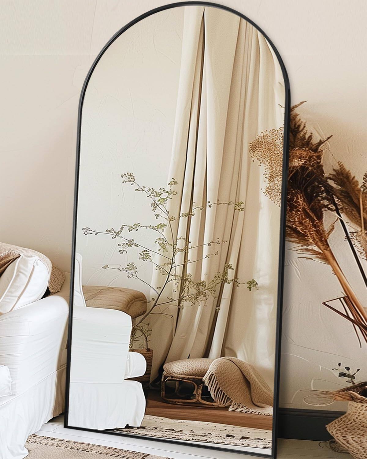 Front. Hanke - Full Length Mirror Floor Arched Standing Freestanding Arch Body Mirrors With Stand For Bedroom Hanging Living - Black 71"L x 30"W.