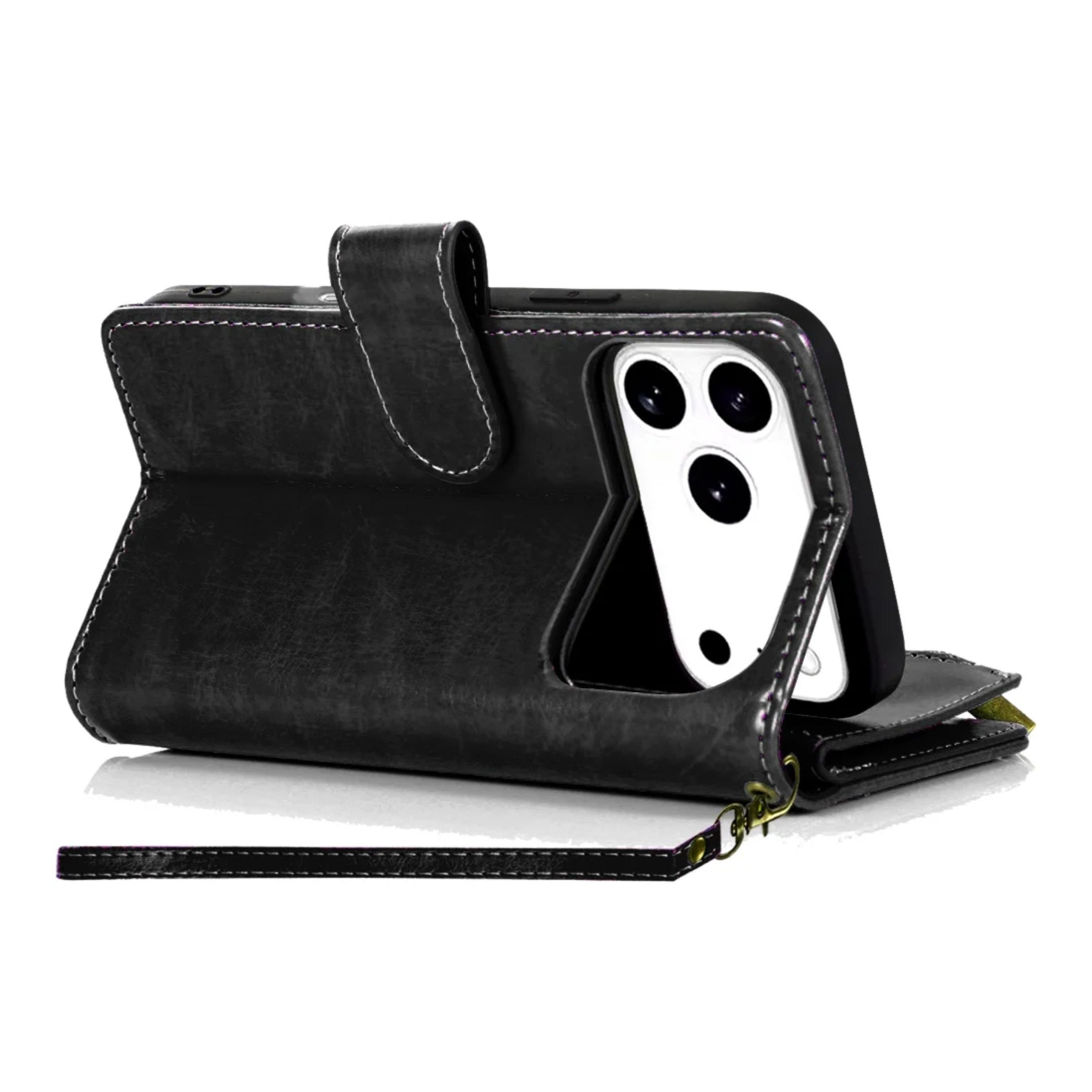 Kitcheniva - PU Leather Phone Wallet Zipper With Tempered Glass For iPhone 17 Pro - Black