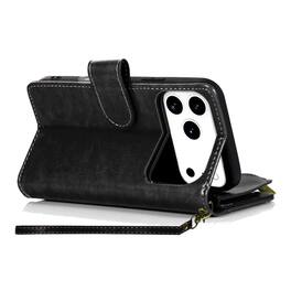 Kitcheniva - PU Leather Phone Wallet Zipper With Tempered Glass For iPhone 17 Pro - Black