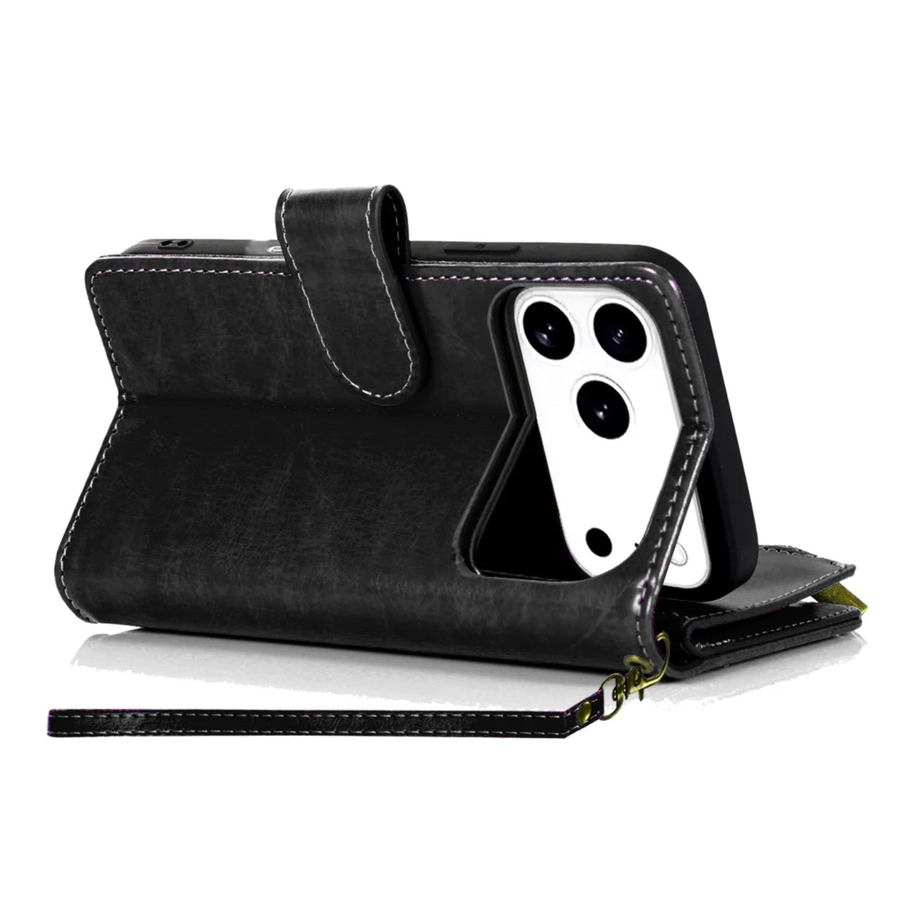 Front. Kitcheniva - PU Leather Phone Wallet Zipper With Tempered Glass For iPhone 17 Pro Black - Black.
