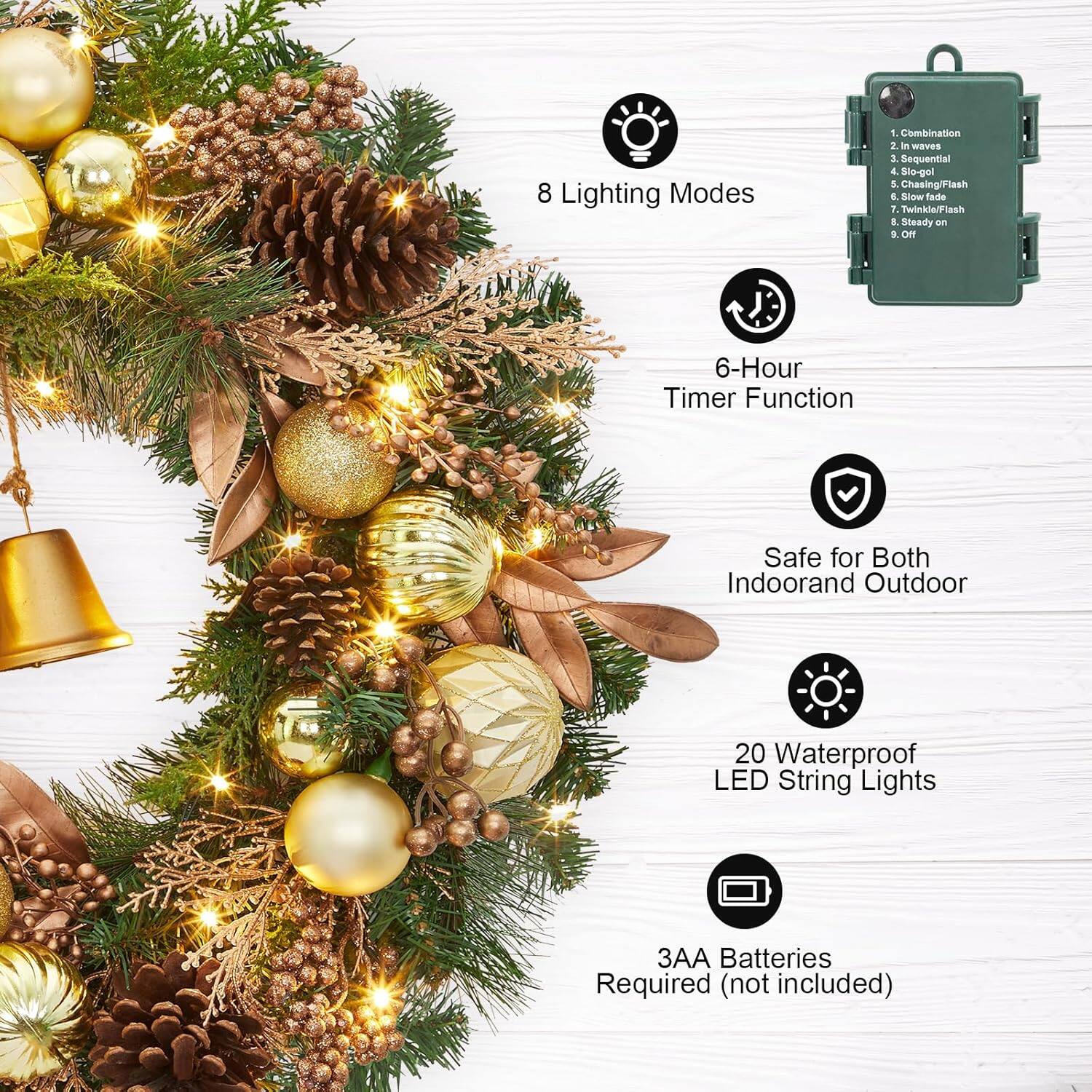 8 Lighting Modes  
1. Combination  
2. In Waves  
3. Sequential  
4. Slo-go  
5. Chasing/Flash  
6. Slow Fade  
7. Twinkling/Flash  
8. Steady On  

6-Hour Timer Function  

Safe for Both Indoor and Outdoor  

20 Waterproof LED String Lights  

3AA Batteries Required (not included)