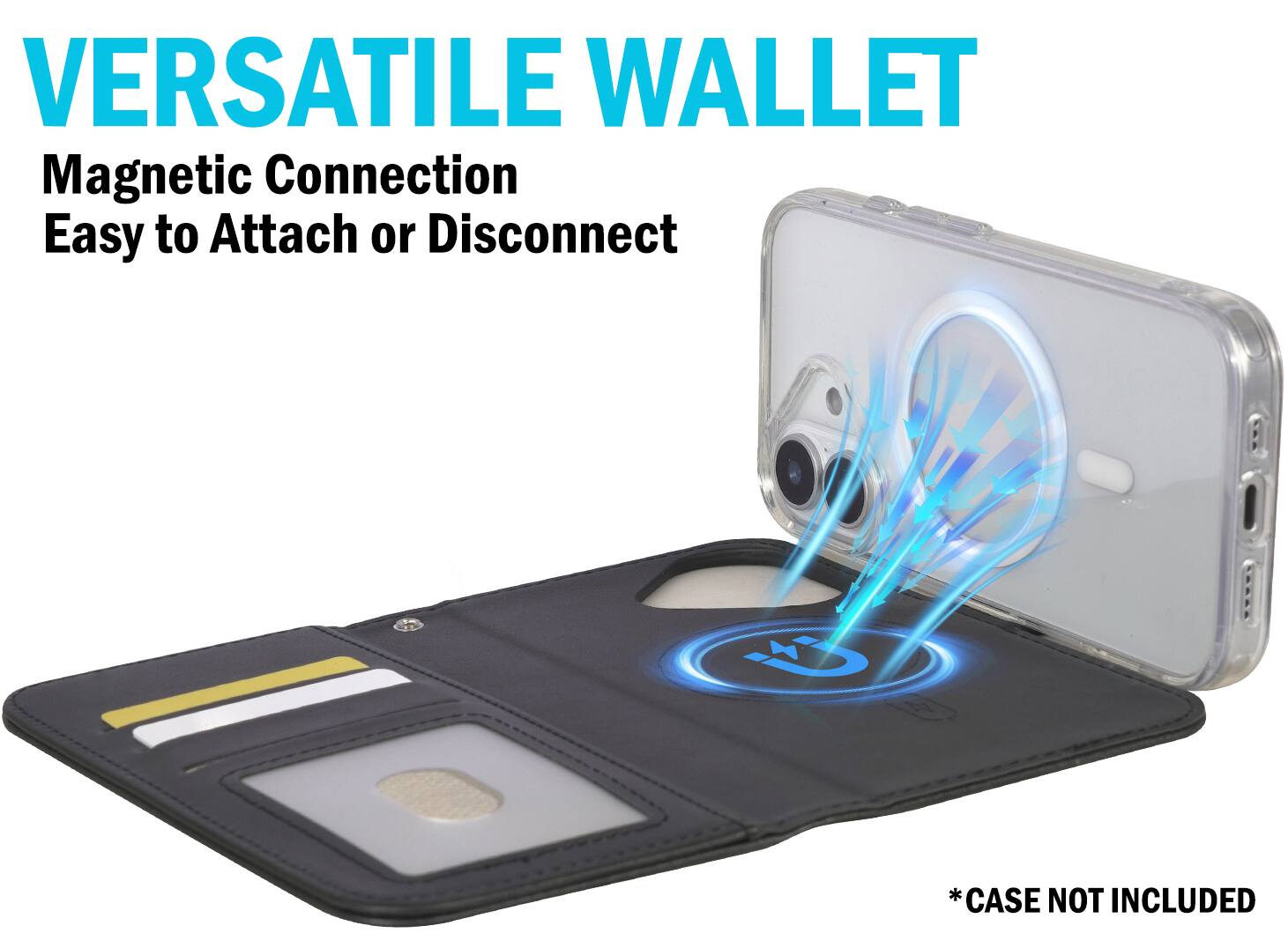 VERSATILE WALLET  
Magnetic Connection  
Easy to Attach or Disconnect  

*CASE NOT INCLUDED