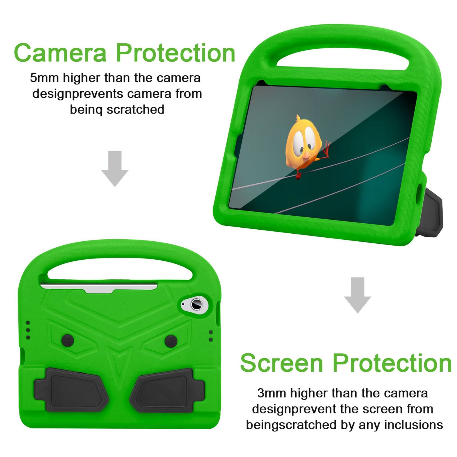 Camera Protection  
5mm higher than the camera design prevents camera from being scratched  

Screen Protection  
3mm higher than the camera design prevents the screen from being scratched by any inclusions
