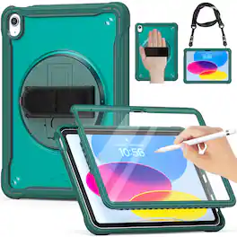 Dteck - Rugged Case for Apple iPad (10th Generation) 10.9" 2022 Built-in Screen Protector, Shockproof Kickstand Cover with Strap - Darkgreen