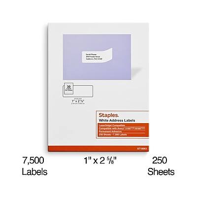 Staples White Address Labels  
Avery 5160  
7,500 Labels  
1" x 2 5/8"  
250 Sheets