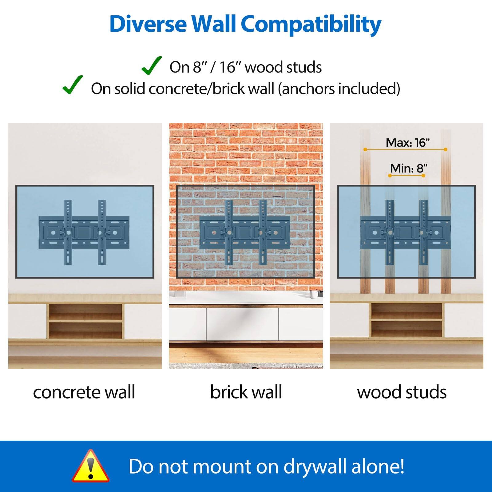 Diverse Wall Compatibility

- On 8" / 16" wood studs
- On solid concrete/brick wall (anchors included)

Max: 16"
Min: 8"

Do not mount on drywall alone!