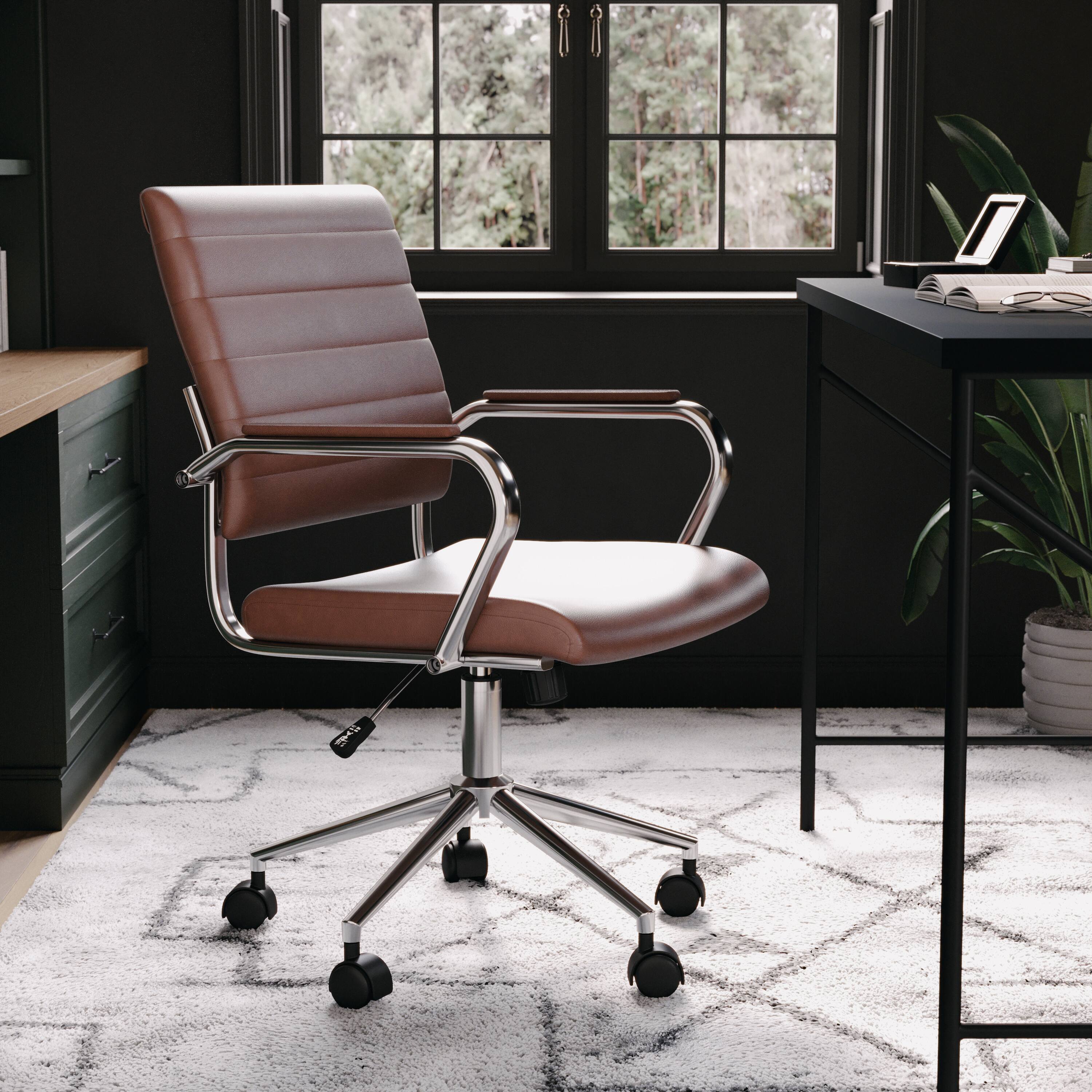 Alt View 11. Martha Stewart - Piper Ribbed Faux Leather Office Chair - Saddle Brown Faux Leather/Polished Nickel.