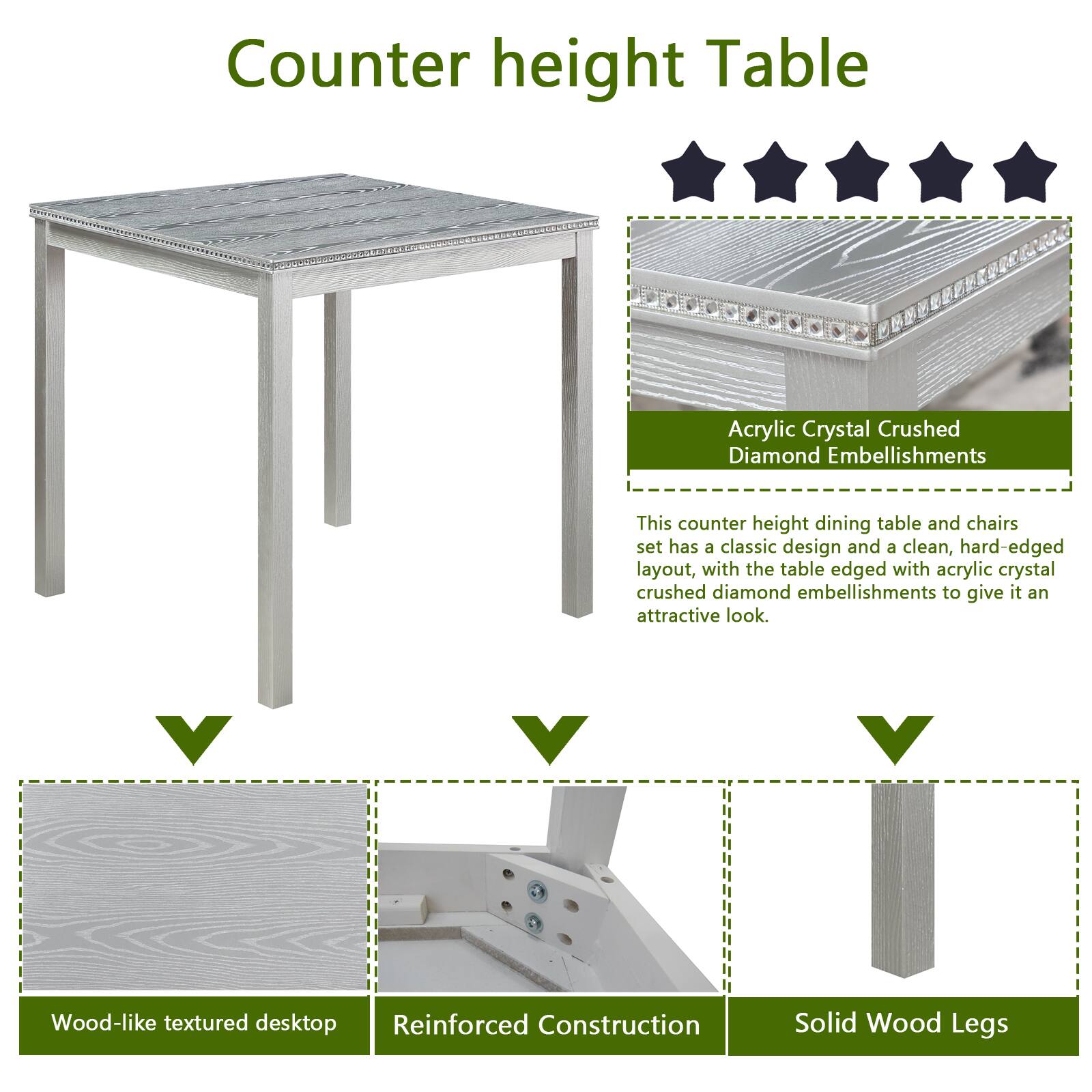 TinyHomie 5 Piece Counter Height Table Set Wooden Square Table 4 ...