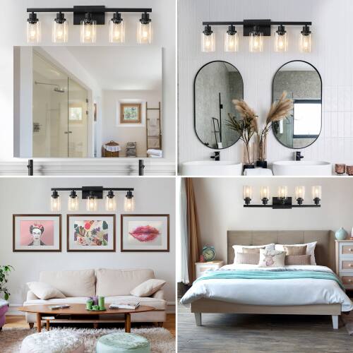 Back. LUCKY ONE - 31in Wall Mount Vanity Light, 5-Light Industrial Sconce with Clear Glass Shades for Bathroom - Black.