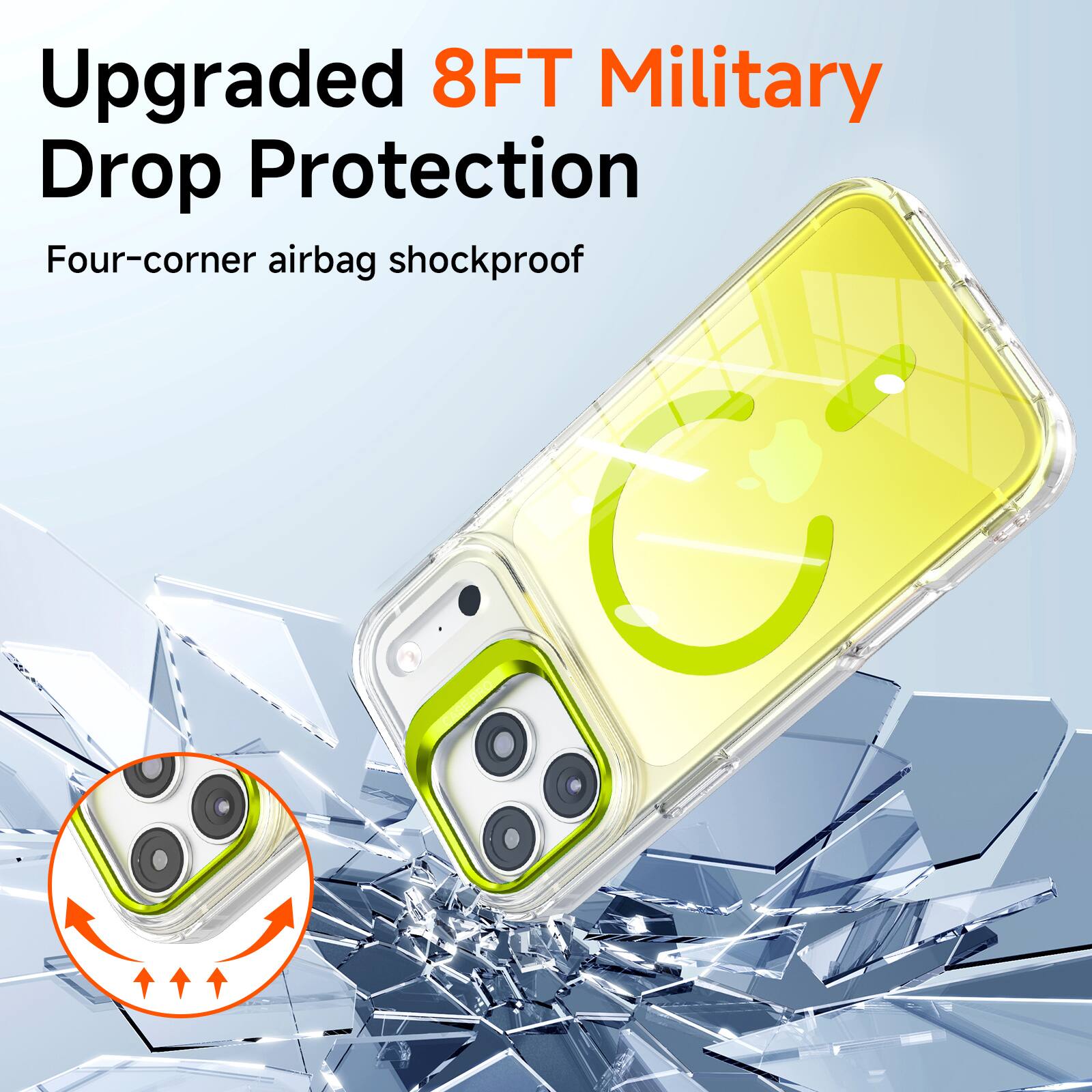 Upgraded 8FT Military Drop Protection  
Four-corner airbag shockproof