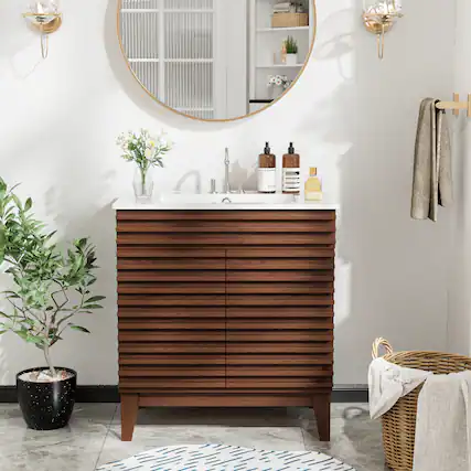 Front. LOVMOR - LOVMOR 30-in W Walnut Freestanding Bathroom Vanity with Undermount Ceramic Sink and 2-Level Storage - Walnut.