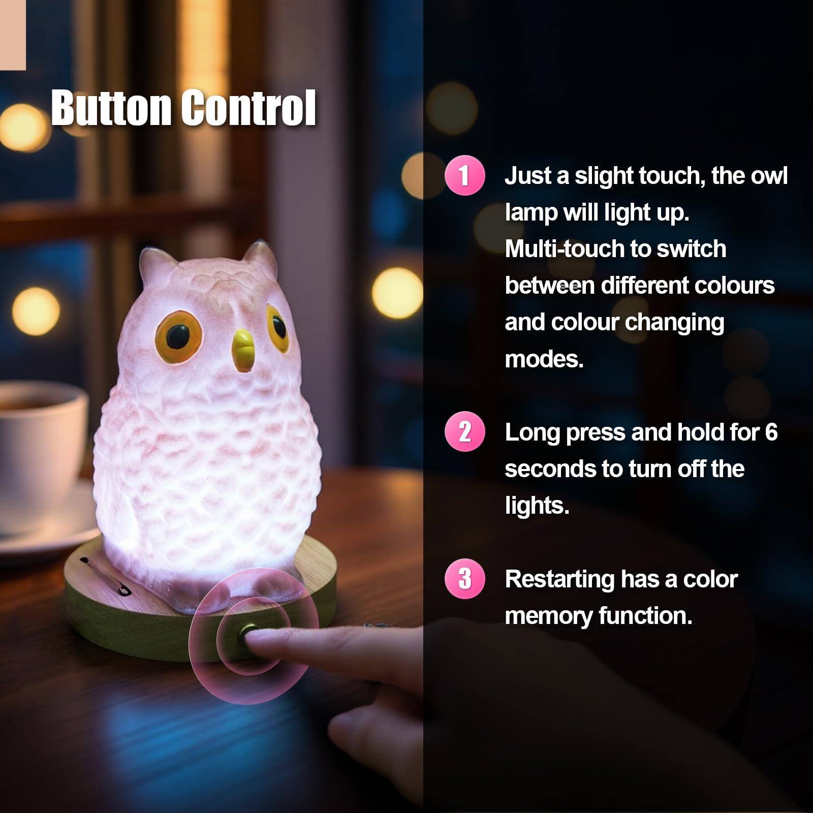 Button Control

1. Just a slight touch, the owl lamp will light up. Multi-touch to switch between different colours and colour changing modes.

2. Long press and hold for 6 seconds to turn off the lights.

3. Restarting has a color memory function.
