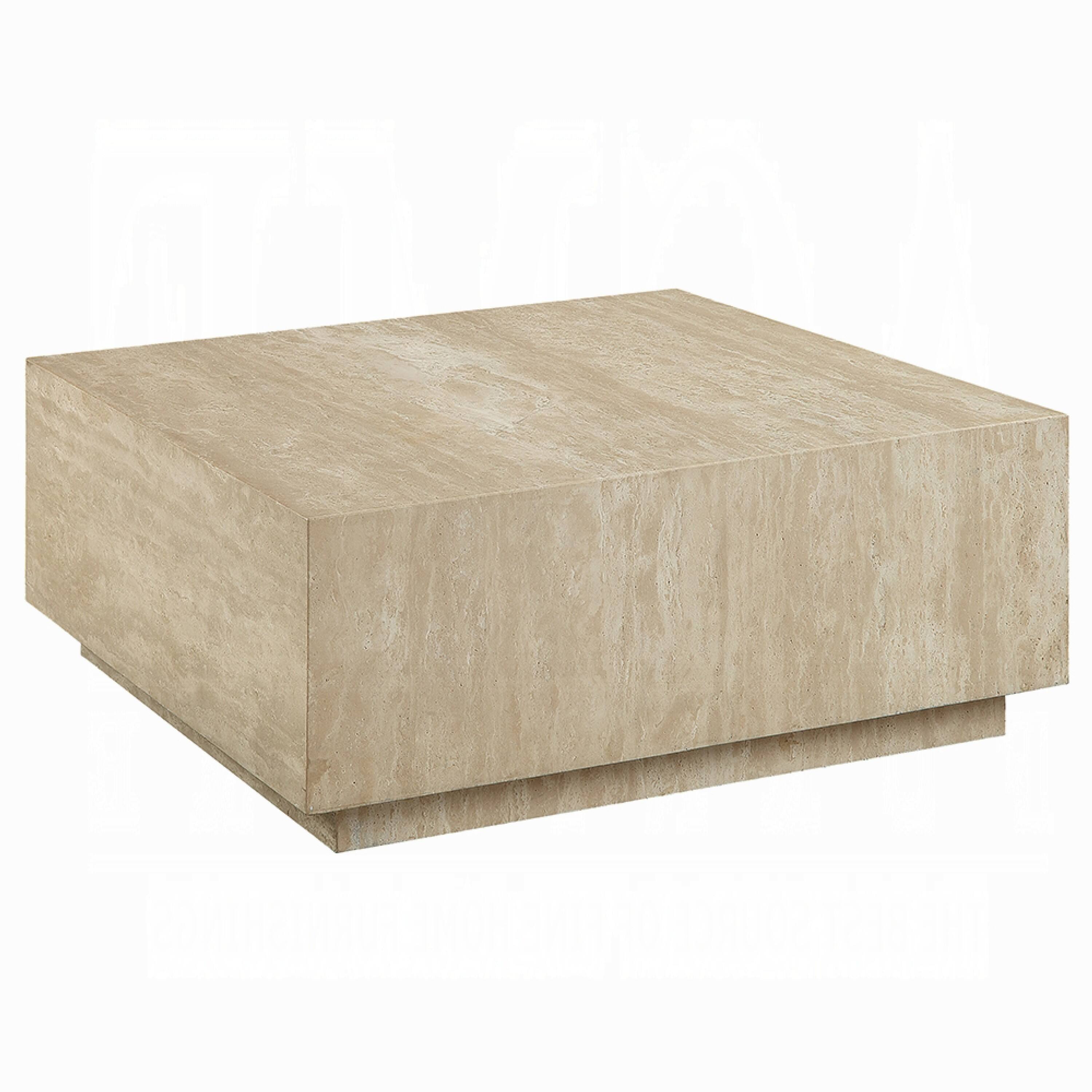 Alt View 2. Manhattan Lane - Lory Coffee Table, 35 Inch Square Travertine Top, Natural Wood Beige - Beige.
