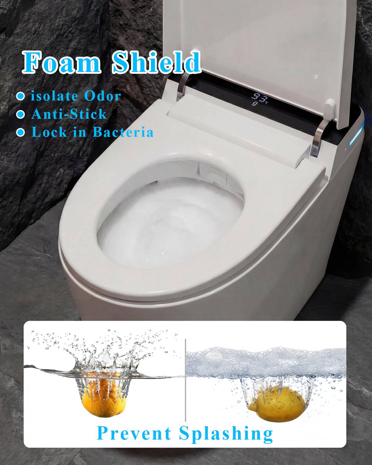 Foam Shield  
- Isolate Odor  
- Anti-Stick  
- Lock in Bacteria  

Prevent Splashing