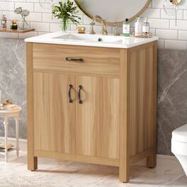 Whisen - 30" Bathroom Vanity with Ceramic Sink, Solid Wood Frame, 2 Soft-Close Doors, 1 Flip Drawer & Adjustable Shelf - Acacia Wood