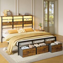 Pinmoco - LED Storage Bed Platform Bed Frame with 2/3 Drawers Charging Station and Adjustable Height - Rustic Brown