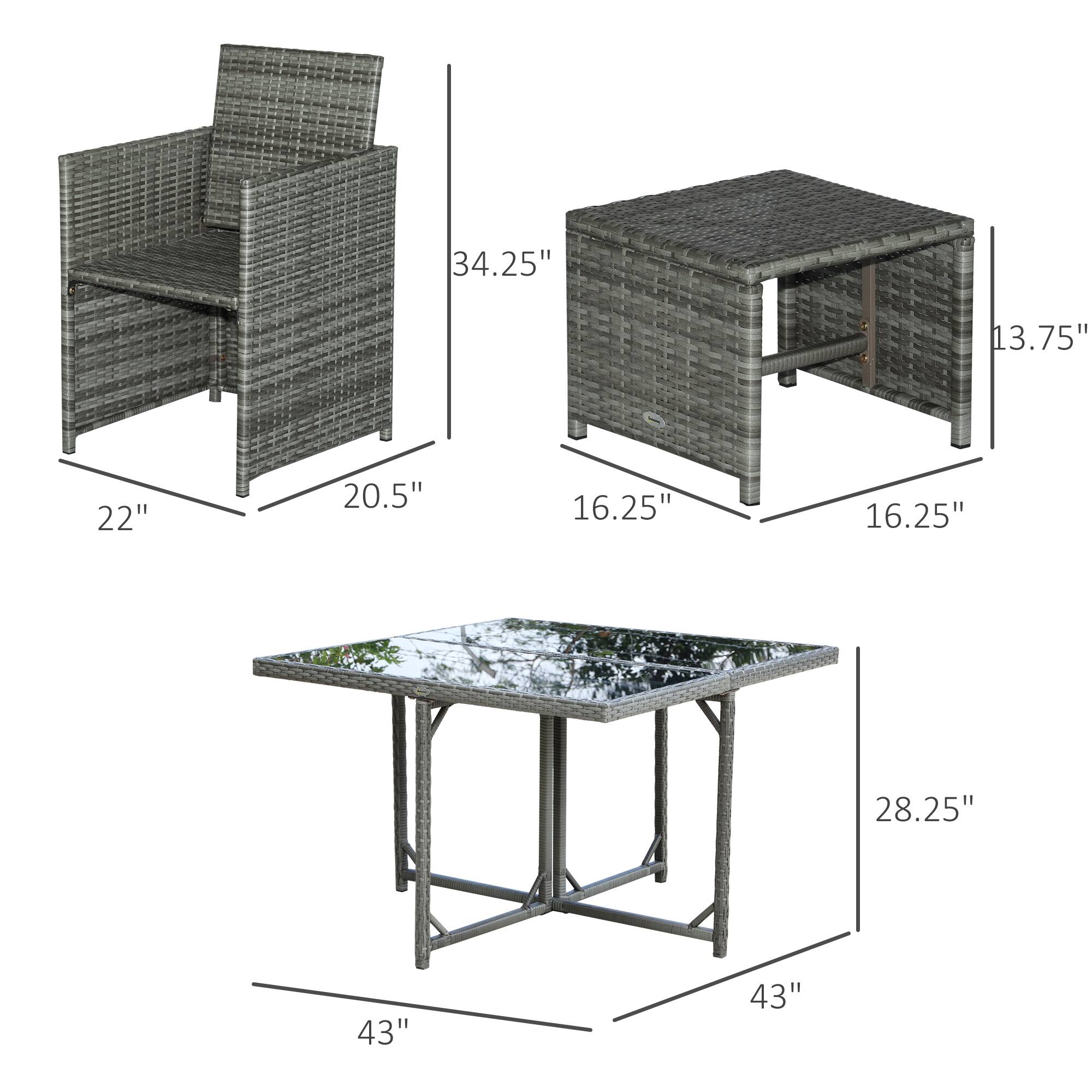34.25", 22", 20.5" - Chair
13.75", 16.25", 16.25" - Ottoman
28.25", 43", 43" - Table