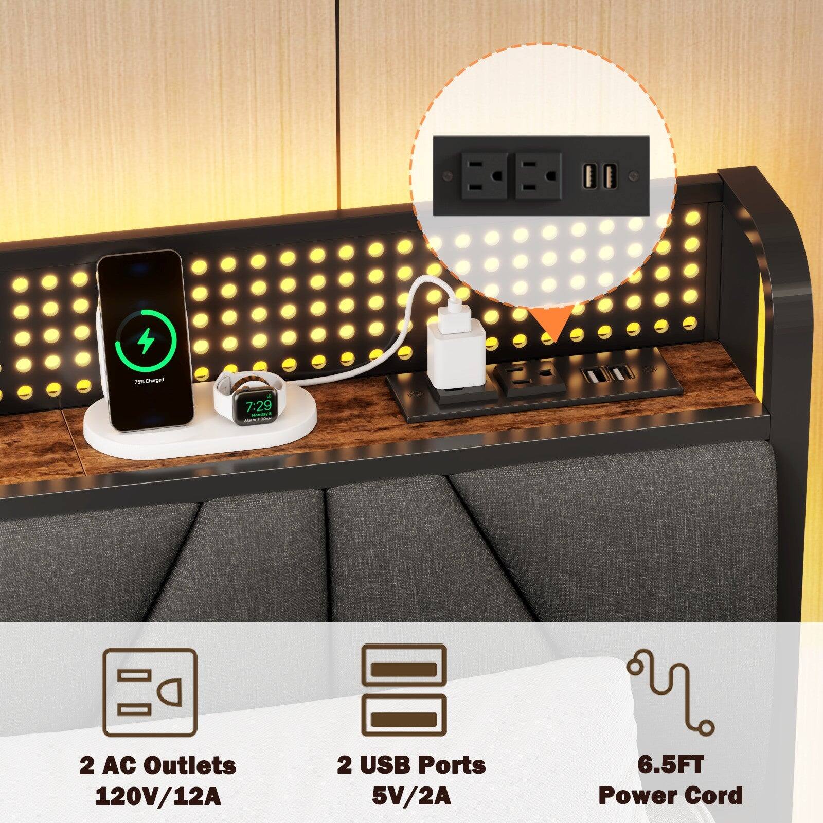 - 7:29
- i 2 AC Outlets 120V/12A
- 2 USB Ports 5V/2A
- 6.5FT Power Cord