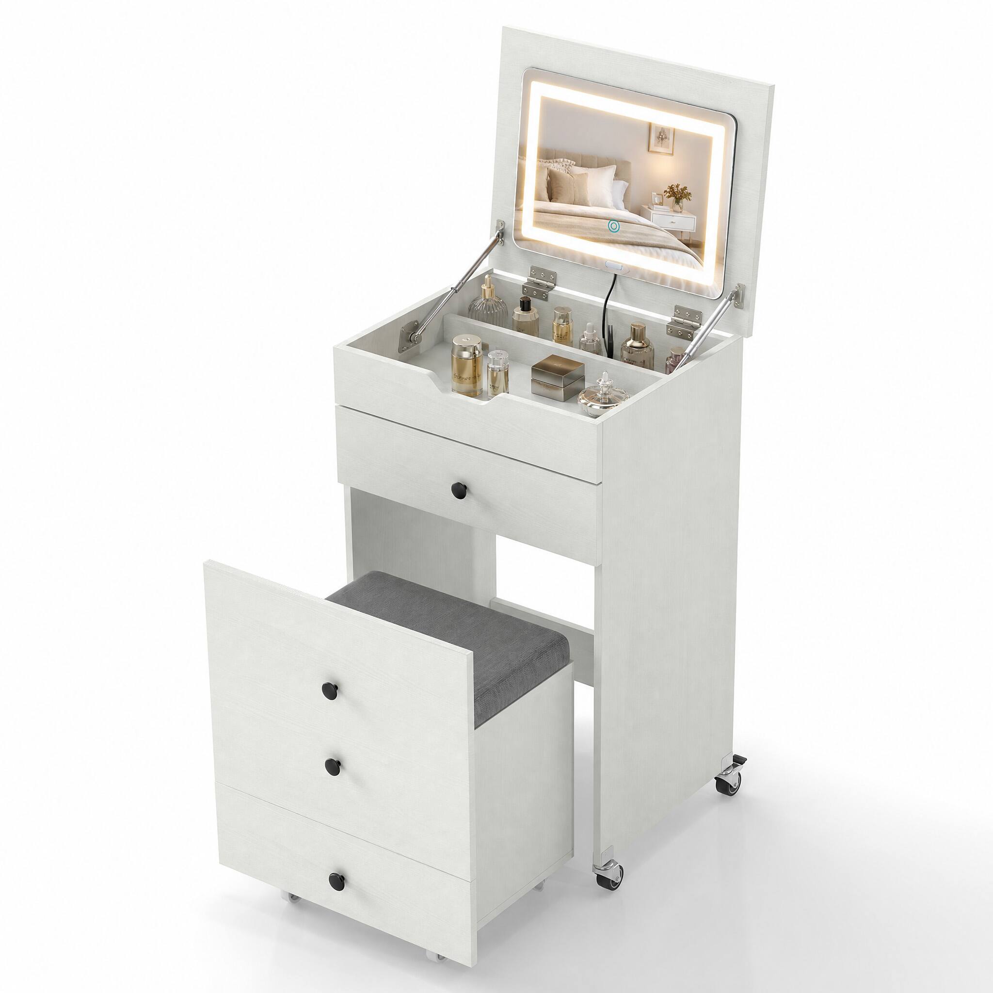 Alt View 5. WELLFOR - 3-in-1 Makeup Vanity with Flip Top LED Lighted Mirror & Rolling Storage Stool, Space Saving Small Makeup Vanity - White.