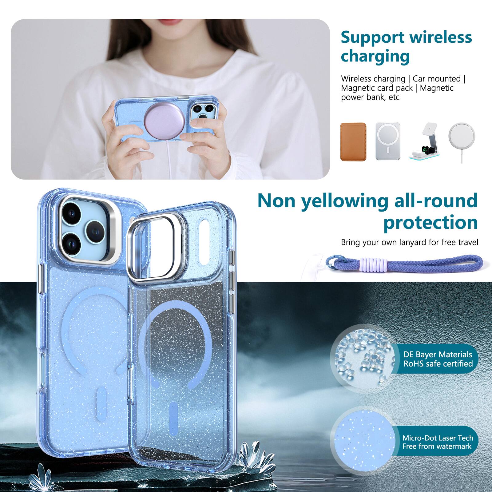 Support wireless charging  
Wireless charging | Car mounted | Magnetic card pack | Magnetic power bank, etc

Non yellowing all-round protection  
Bring your own lanyard for free travel

DE Bayer Materials RoHS safe certified

Micro-Dot Laser Tech  
Free from watermark